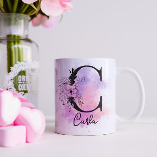 Pink Purple Floral Black Letter Monogram C Coffee Mug