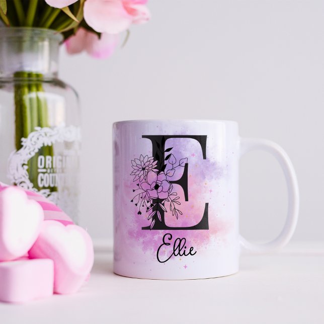 Pink Purple Floral Black Letter Monogram E Coffee Mug (Creator Uploaded)