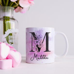 Pink Purple Floral Black Letter Monogram M Coffee Mug