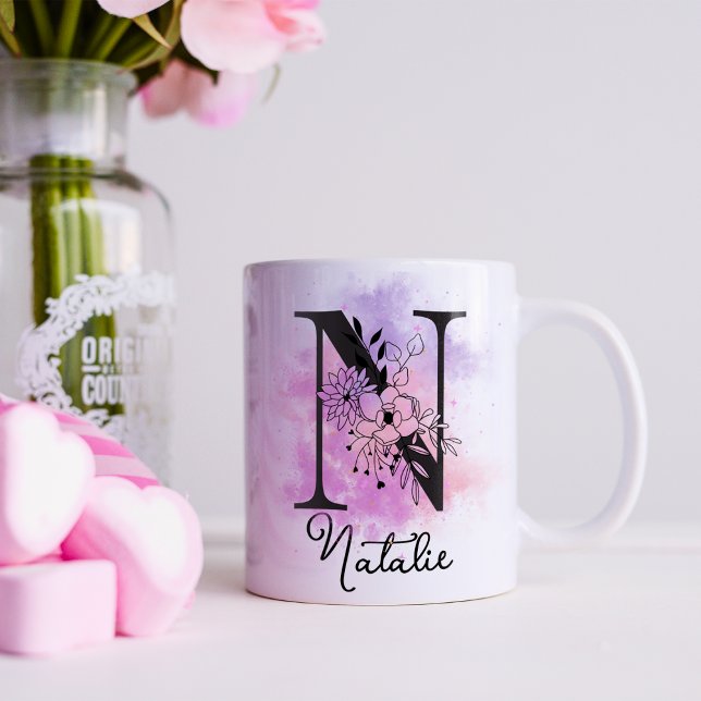 Pink Purple Floral Black Letter Monogram N Coffee Coffee Mug (Creator Uploaded)