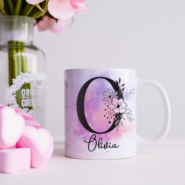 Pink Purple Floral Black Letter Monogram O Coffee Coffee Mug (Creator Uploaded)