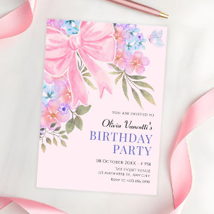 Pink purple Floral bow birthday Invitation