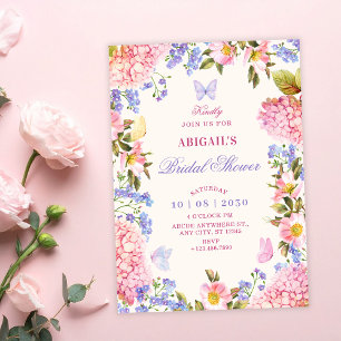 Pink purple floral butterflies bridal shower invitation
