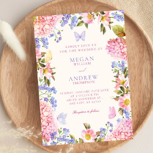 Pink purple floral butterflies wedding invitation