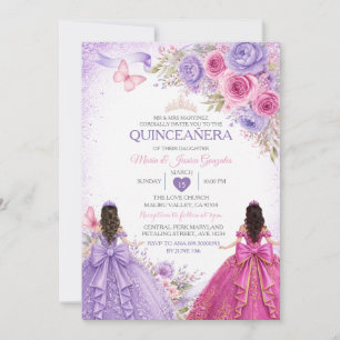 Pink Purple Floral Butterfly Double Quinceañera Invitation