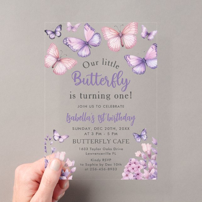 Pink Purple Floral Butterfly Girl 1st Birthday  Acrylic Invitations (Insitu (Handheld))