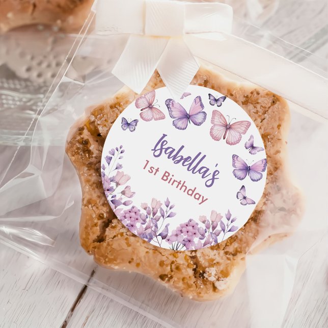 Pink Purple Floral Butterfly Girl 1st Birthday  Classic Round Sticker (Creator Uploaded)