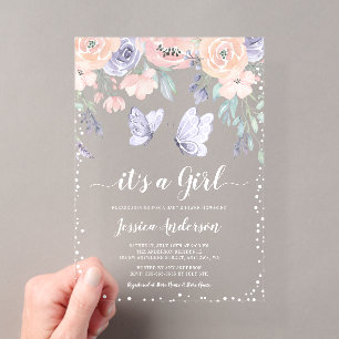 Pink Purple Floral Butterfly Girl Baby Shower Acrylic Invitations