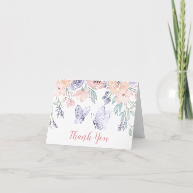 Pink Purple Floral Butterfly Girl Baby Shower Thank You Card (Front)