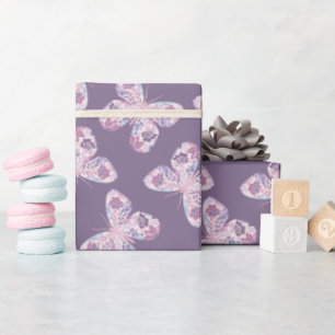 Pink Purple Floral Butterfly Pattern Wrapping Paper