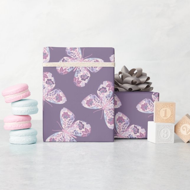 Pink Purple Floral Butterfly Pattern Wrapping Paper (Baby Shower)