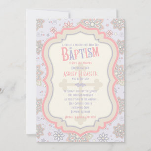 Pink Purple Floral Cross Baptism Invitation