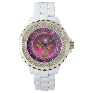 PINK PURPLE FLORAL CROWN GOLD BUTTERFLY ,GEMSTONES WATCH