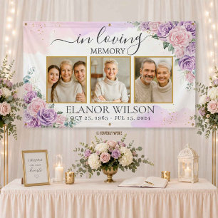 Pink Purple Floral Funeral Memorial Photo Collage Banner