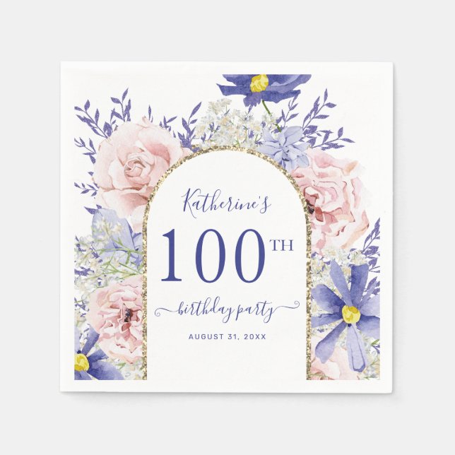 Pink Purple Floral God Frame 100th Birthday Party Napkin (Front)