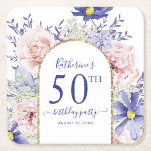 Pink Purple Floral God Frame 50th Birthday Party Square Paper Coaster