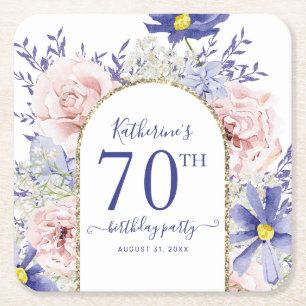 Pink Purple Floral God Frame 70th Birthday Party Square Paper Coaster