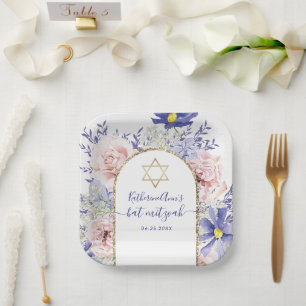 Pink Purple Floral Gold Frame Bat Mitzvah Paper Plate