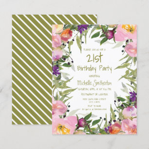Pink Purple Floral Green Leaves 21st Birthday Card
