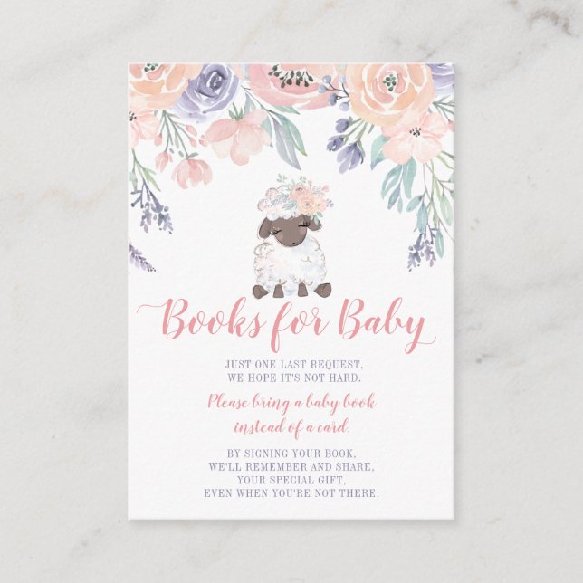 Pink Purple Floral Lamb Baby Shower Book Request Enclosure Card (Front)