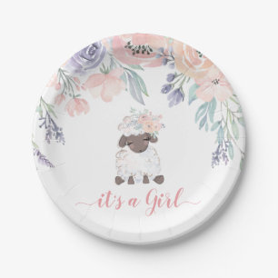 Pink Purple Floral Lamb Girl Baby Shower Paper Plate