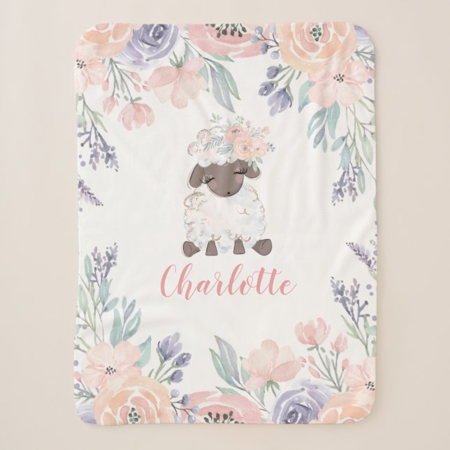 Pink Purple Floral Lamb Personalized Girl Baby Sherpa Blanket (Front)