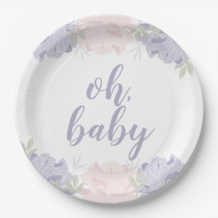 Pink & Purple Floral Peonies Oh Baby Baby Shower Paper Plate