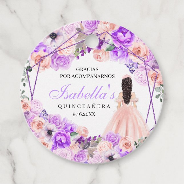 Pink & Purple Floral Quinceanera Circle Favour Tag (Front)
