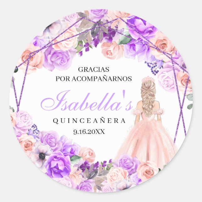 Pink & Purple Floral Quinceanera Classic Round Sti Classic Round Sticker (Front)