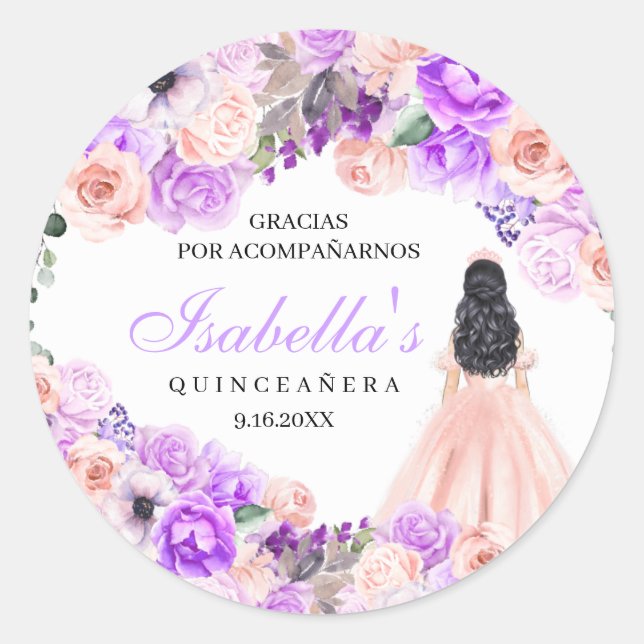 Pink & Purple Floral Quinceanera Classic Round Sti Classic Round Sticker (Front)
