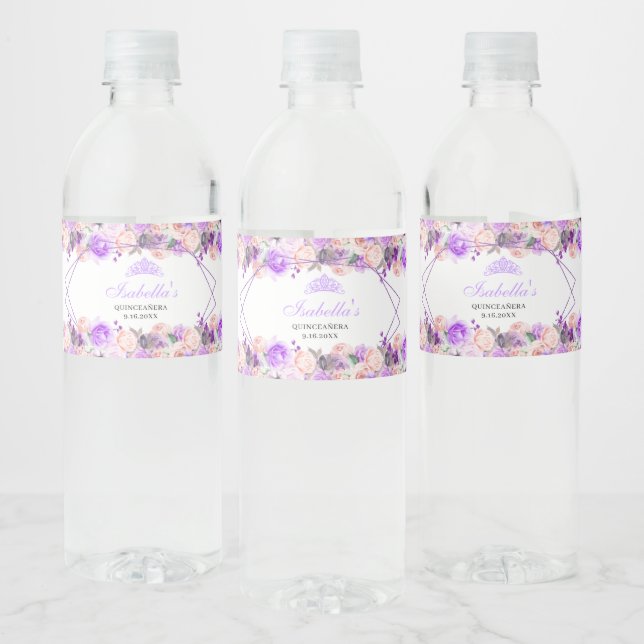 Pink & Purple Floral Quinceanera Water Bottle Label (Bottles)