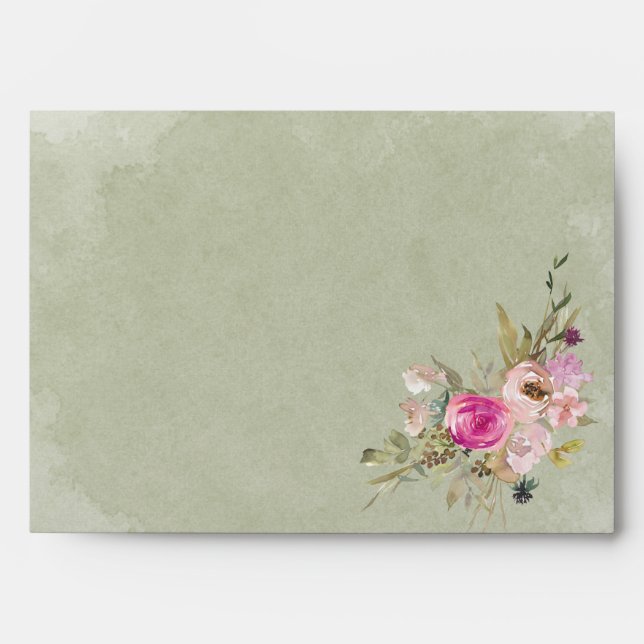Pink Purple Floral Sage Green Wedding Envelope (Front)
