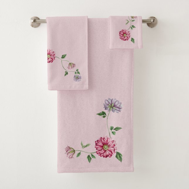 Pink & Purple Floral Vine Bath Towel Set (Insitu)