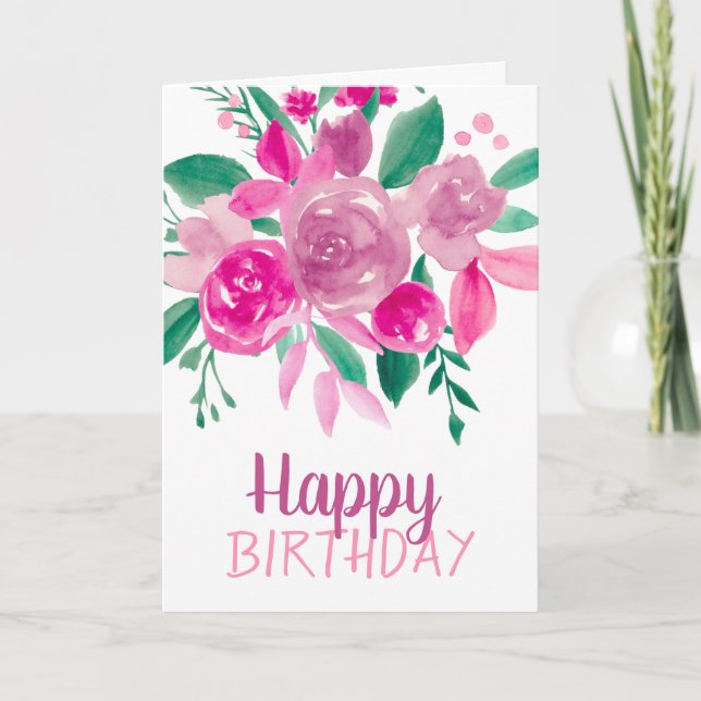 Pink purple floral watercolor birthday script card (Front)