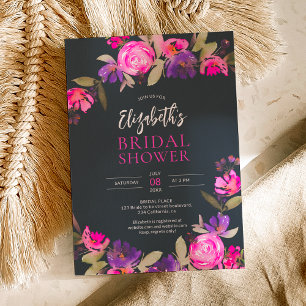 Pink purple floral watercolor bridal shower navy invitation