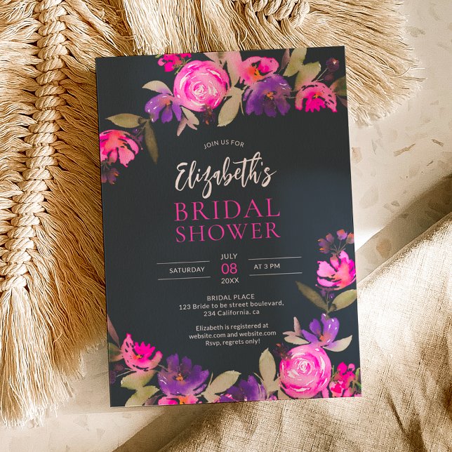 Pink purple floral watercolor bridal shower navy invitation (Creator Uploaded)