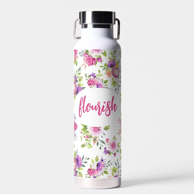 Pink Purple Floral Watercolor Personalized Water Bottle (Front)