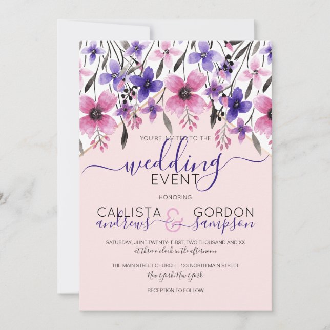 Pink Purple Floral Watercolor Wedding Invitation (Front)