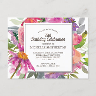 Pink Purple Floral Women's 75th Birthday Invitation Postcard
