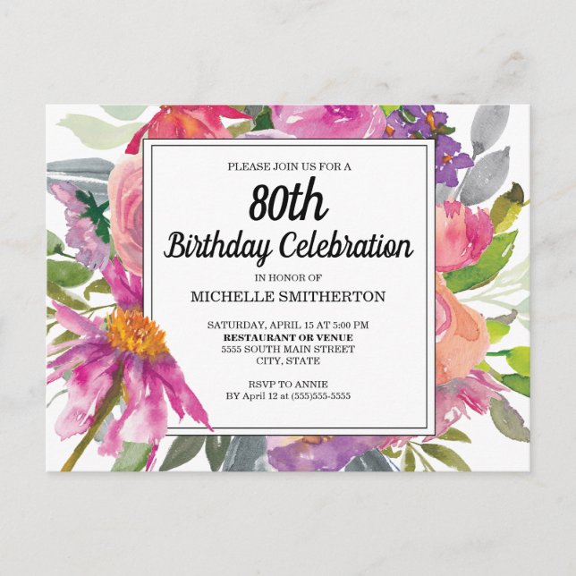 Pink Purple Floral Women's 80th Birthday Invitation Postcard (Front)
