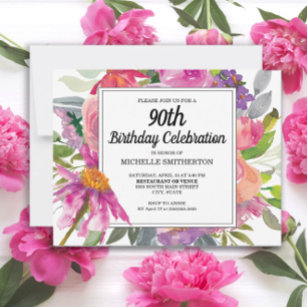 Pink Purple Floral Women's 90th Birthday Invitation