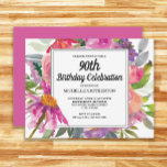 Pink Purple Floral Women's 90th Birthday Invitation<br><div class="desc">Beautiful pink and purple watercolor wildflower women's 90th birthday party invitation.  Text is fully customizable,  so this card can be designed for any age.  Contact us for help with customization or matching products.</div>