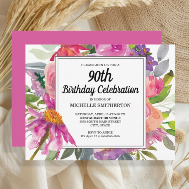 Pink Purple Floral Women's 90th Birthday Invitation (Pretty pink and purple watercolor floral 90th birthday party invitation)