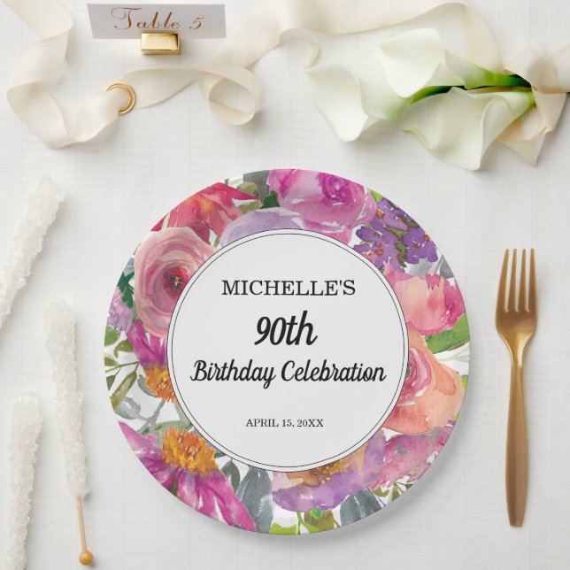 Pink Purple Floral Women's 90th Birthday Paper Plate (Wedding)