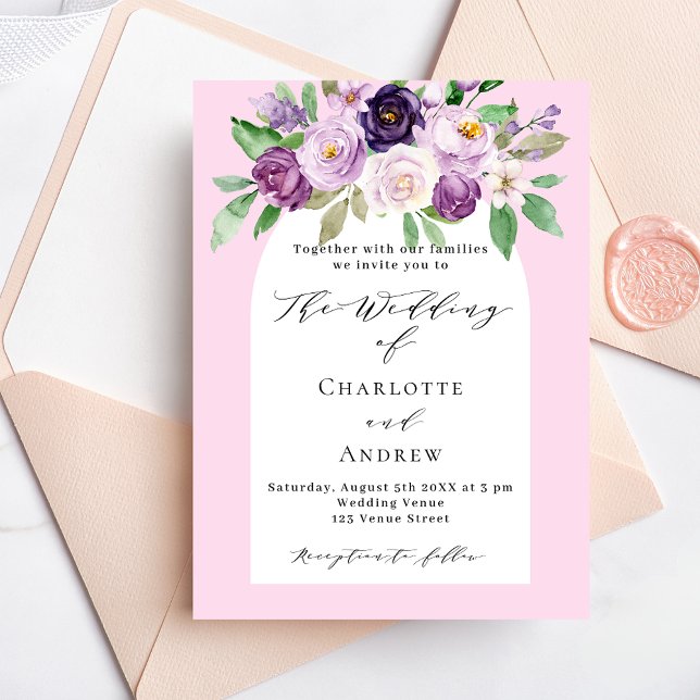 Pink purple florals arch wedding invitation (Creator Uploaded)
