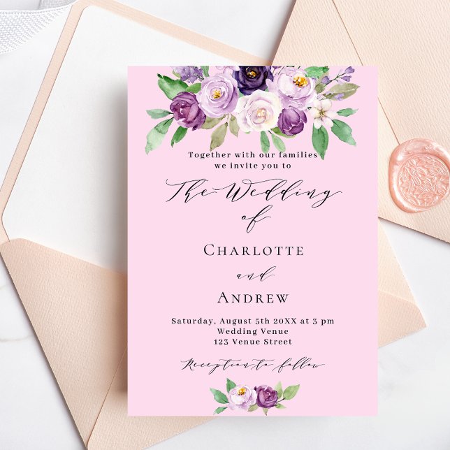 Pink purple florals greenery script wedding invitation (Creator Uploaded)