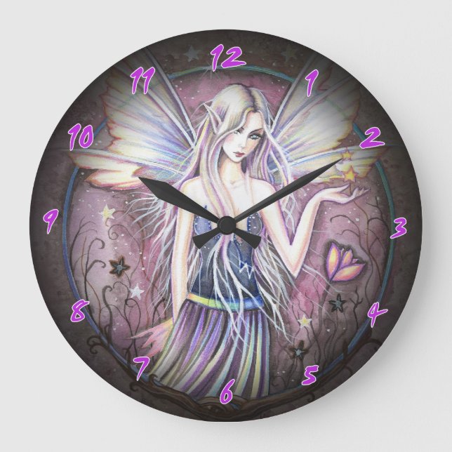 Pink Purple Flower Fairy Wall Clock (Front)