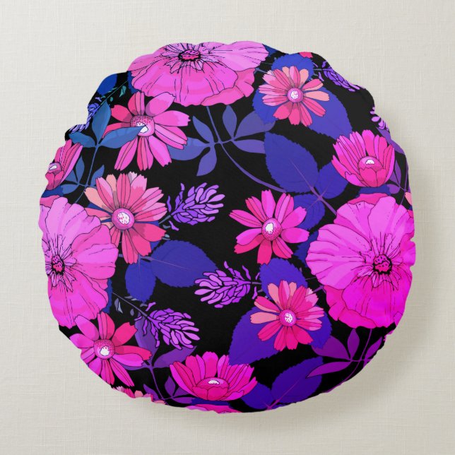 Pink & Purple Flower Print Round Pillow (Front)