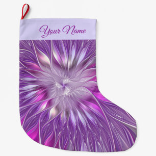 Pink Purple Flower Star Abstract Fractal Art Name Large Christmas Stocking
