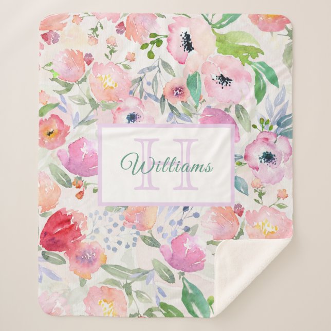 Pink purple flowers boho family name sherpa blanket (Front)